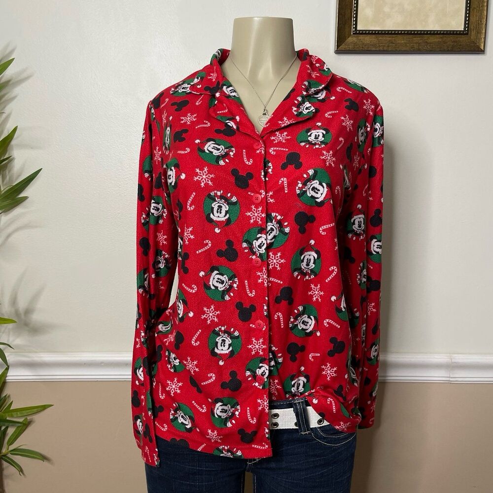 Disney Women’s Christmas Santa Mickey Mouse Button Down Flannel PJ Top